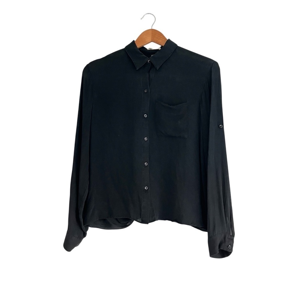 Chelsea Flower 100% Silk Button Up Blouse XS Black Open Back Sexy Night Out Y2K